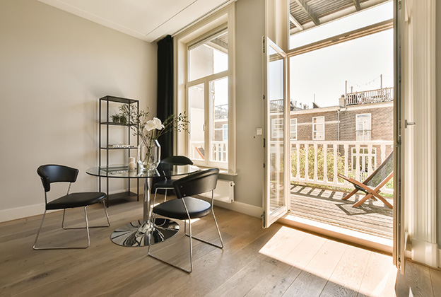 A comfortable living room with sliding doors